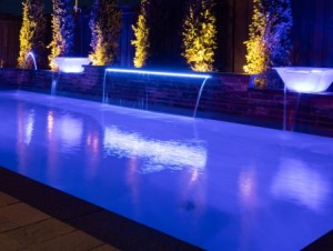 Custom pool with LED water sheer and water bowls